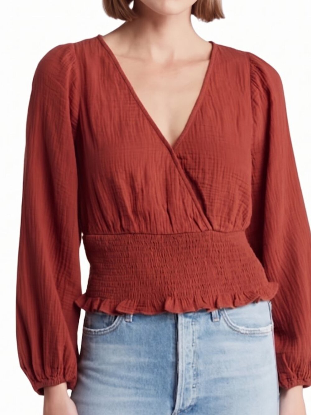 NWT Madewell Rust Terracotta Smocked Waist V-Neck Balloon Sleeve Blouse M